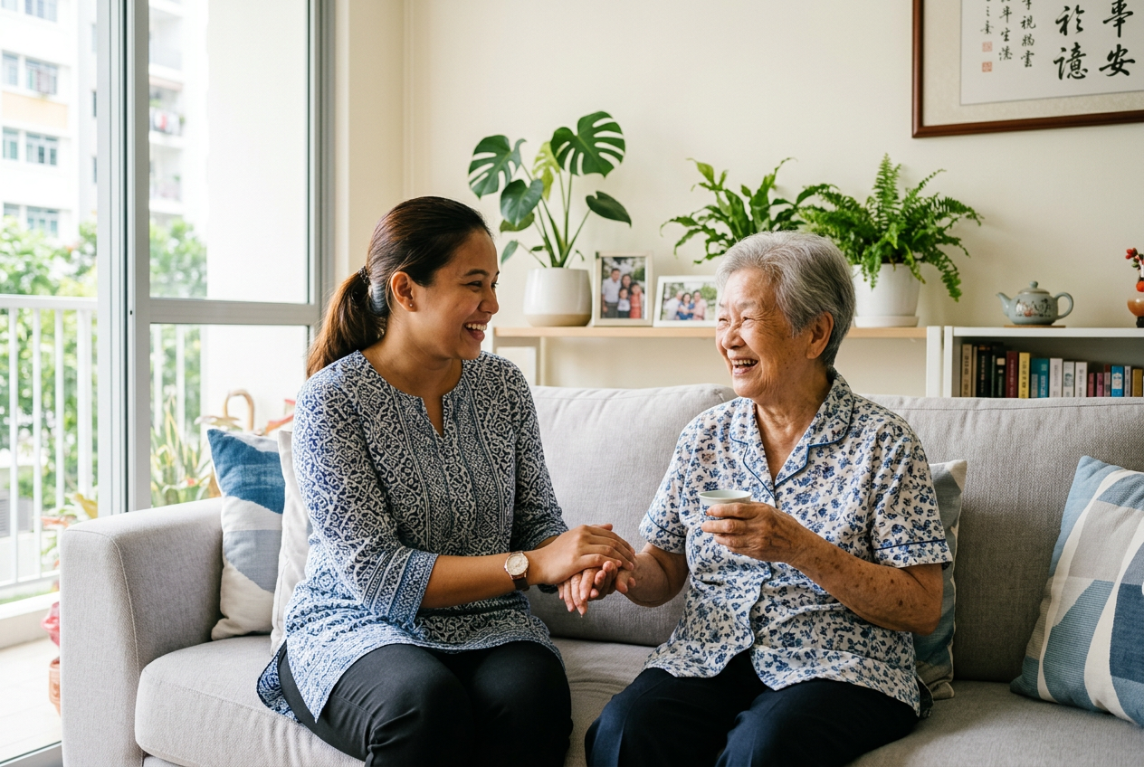 A caregiver sharing a warm moment with an elderly family member